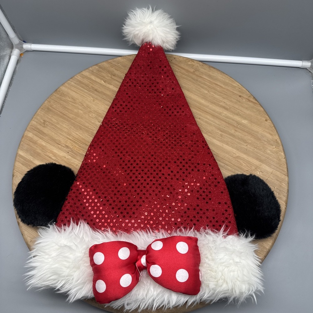 Disney Parks Minnie Mouse Red Sequin Santa Christmas Hat Adult Size NWOT